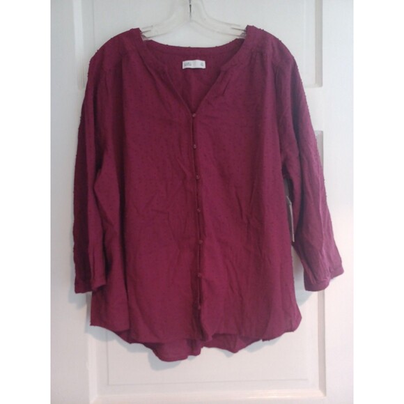 Crown & Ivy NWT burgundy dotted Swiss blouse XL buttonfront boho peasant classic - Picture 1 of 9